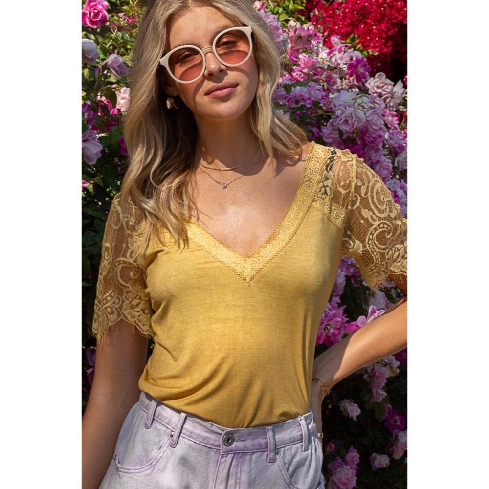 POL Golden Yellow Buttery Soft Short Lace Sleeve Tee
